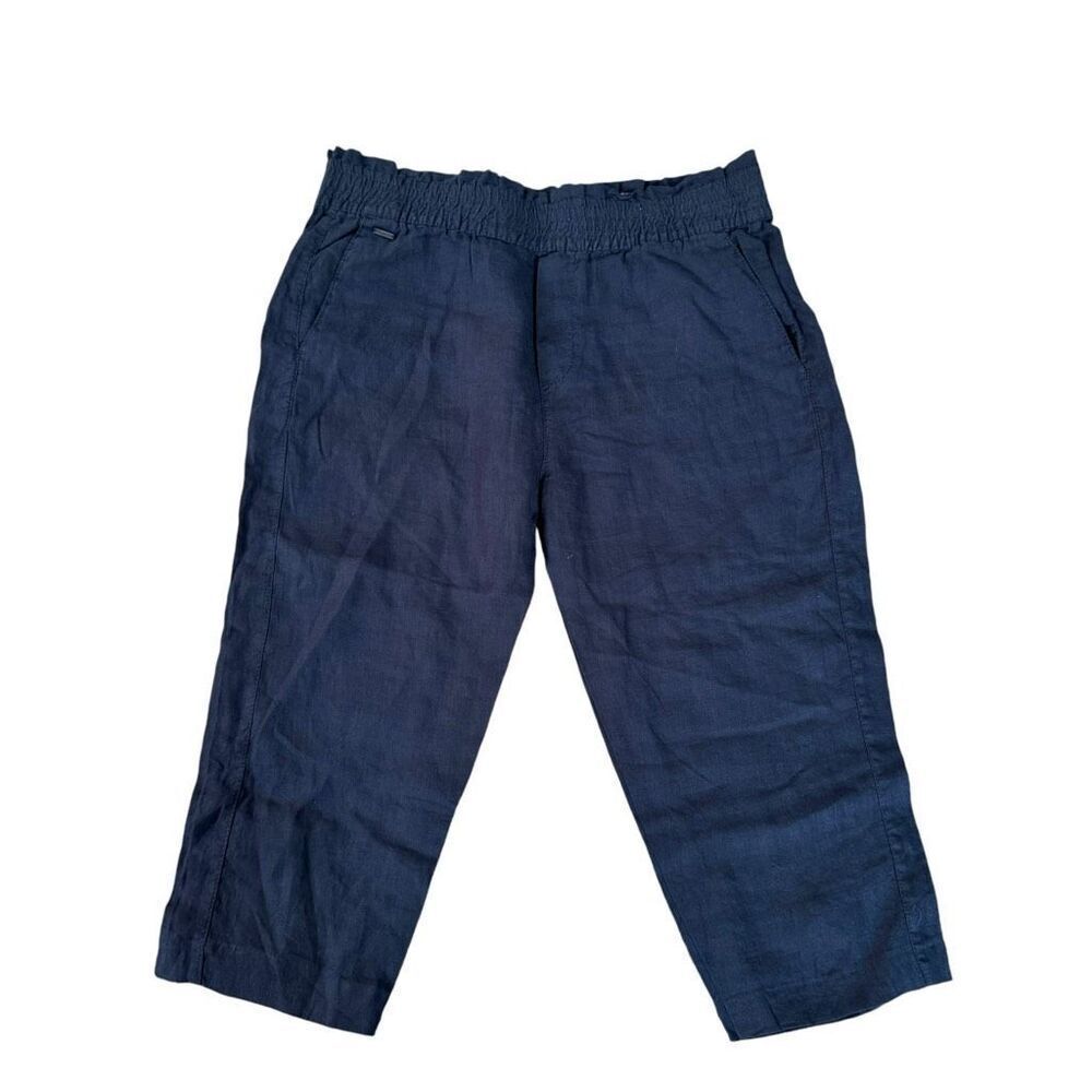 One of a kind Emee style 100% linen navy blue capri pants elastic waist sz XL